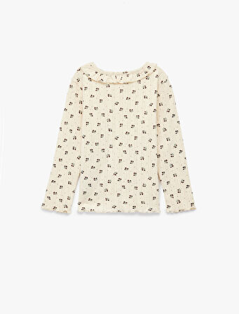 Pamuklu Uzun Kollu Bisiklet Yaka Fırfır Detaylı Çiçekli Tişört