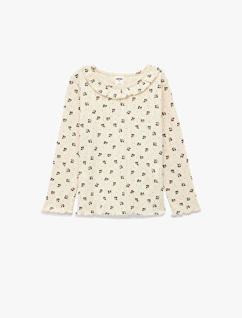 Pamuklu Uzun Kollu Bisiklet Yaka Fırfır Detaylı Çiçekli Tişört