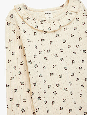 Pamuklu Uzun Kollu Bisiklet Yaka Fırfır Detaylı Çiçekli Tişört