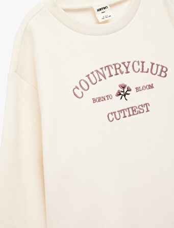 Uzun Kollu Bisiklet Yaka Nakış Detaylı Sweatshirt