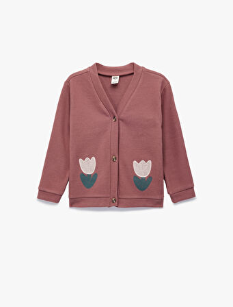 Uzun Kollu V Yaka Çiçek Detaylı Sweatshirt