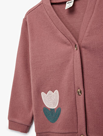 Uzun Kollu V Yaka Çiçek Detaylı Sweatshirt