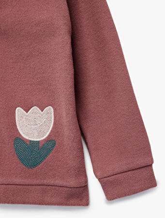 Uzun Kollu V Yaka Çiçek Detaylı Sweatshirt