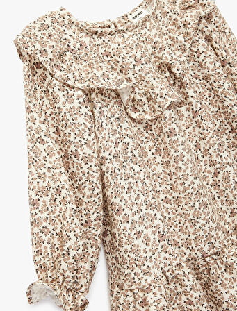 Uzun Kollu Bisiklet Yaka Fırfırlı Viskon Çiçekli Elbise