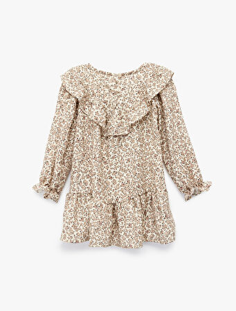 Uzun Kollu Bisiklet Yaka Fırfırlı Viskon Çiçekli Elbise