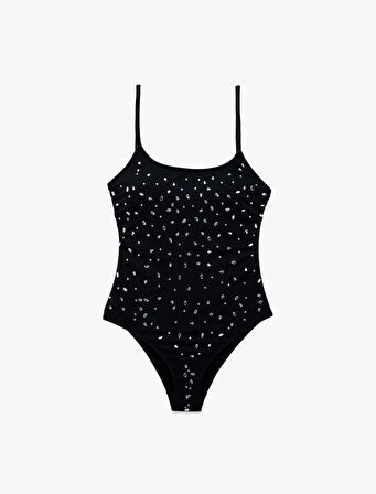 İnce Askılı U Yaka Parlak Taş Detaylı Mayo