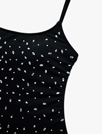 İnce Askılı U Yaka Parlak Taş Detaylı Mayo