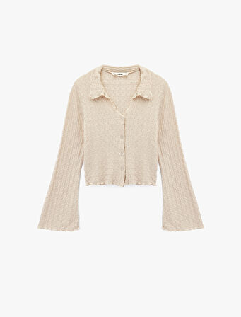 Slim Fit Uzun Kollu Düğmeli Dokulu Klasik Yaka Bluz