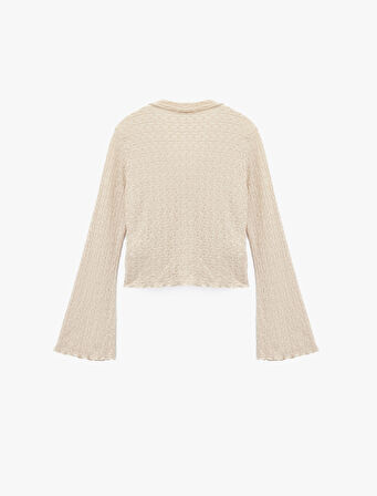 Slim Fit Uzun Kollu Düğmeli Dokulu Klasik Yaka Bluz