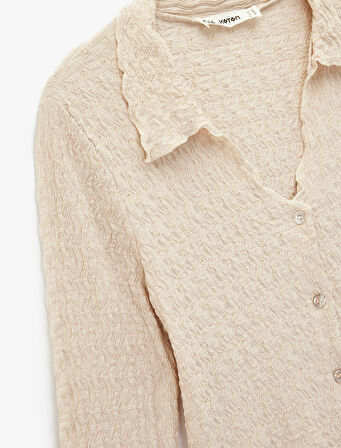 Slim Fit Uzun Kollu Düğmeli Dokulu Klasik Yaka Bluz