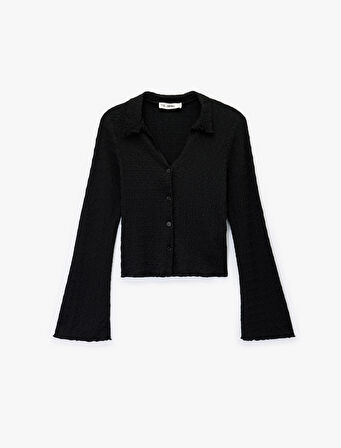 Slim Fit Uzun Kollu Düğmeli Dokulu Klasik Yaka Bluz