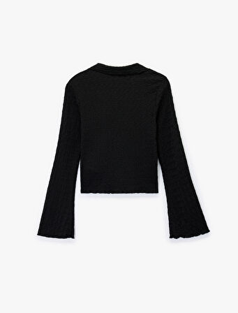 Slim Fit Uzun Kollu Düğmeli Dokulu Klasik Yaka Bluz