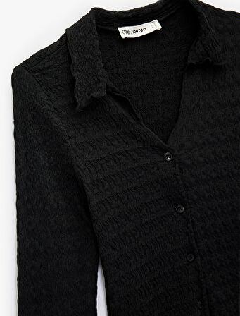 Slim Fit Uzun Kollu Düğmeli Dokulu Klasik Yaka Bluz