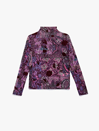 Dik Yaka Uzun Kollu Slim Fit Çiçekli Tişört