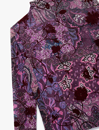 Dik Yaka Uzun Kollu Slim Fit Çiçekli Tişört