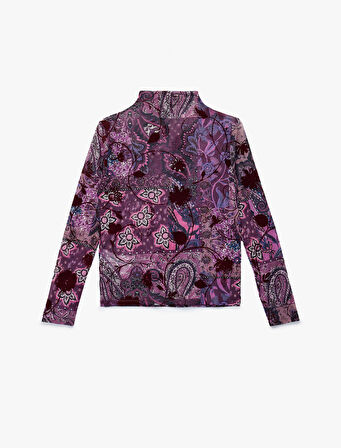 Dik Yaka Uzun Kollu Slim Fit Çiçekli Tişört