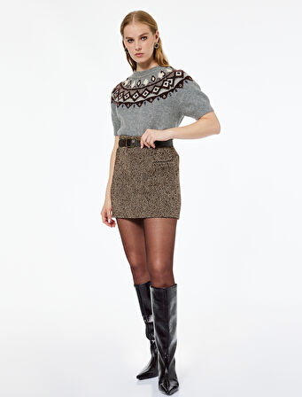 Koton X Melis Ağazat - Kısa Kollu Bisiklet Yaka Desenli Triko Kazak