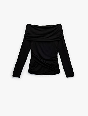 Slim Fit Drape Detaylı Uzun Kollu Omzu Açık Tişört