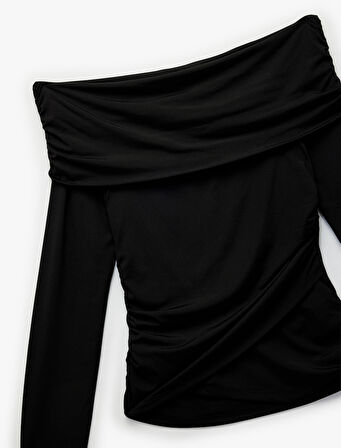 Slim Fit Drape Detaylı Uzun Kollu Omzu Açık Tişört