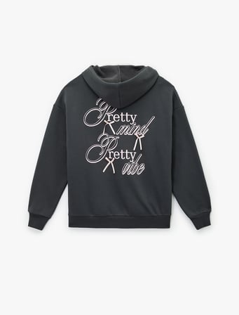 Fermuarlı Kapüşonlu Kanguru Cepli Arkası Fiyonk Baskılı Şardonlu Oversize Sweatshirt