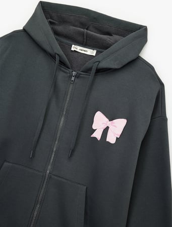 Fermuarlı Kapüşonlu Kanguru Cepli Arkası Fiyonk Baskılı Şardonlu Oversize Sweatshirt