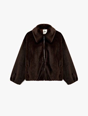 Klasik Yaka Fermuarlı Cepli Oversize Suni Kürk Bomber Ceket