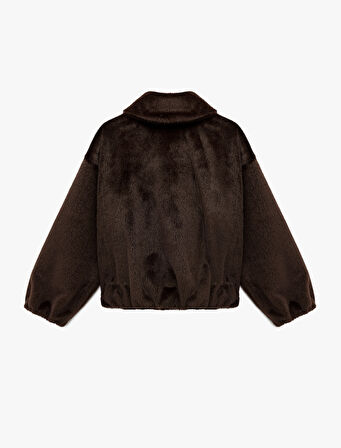 Klasik Yaka Fermuarlı Cepli Oversize Suni Kürk Bomber Ceket