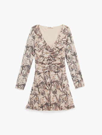 V Yaka Uzun Kollu Büzgülü A Kesim Çiçekli Mini Elbise