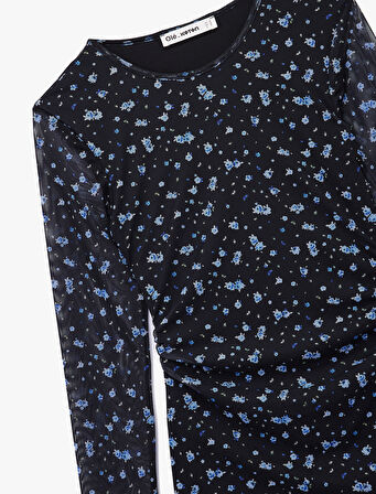 Slim Fit Asimetrik Kesim Uzun Kollu Bisiklet Yaka Çiçekli Elbise