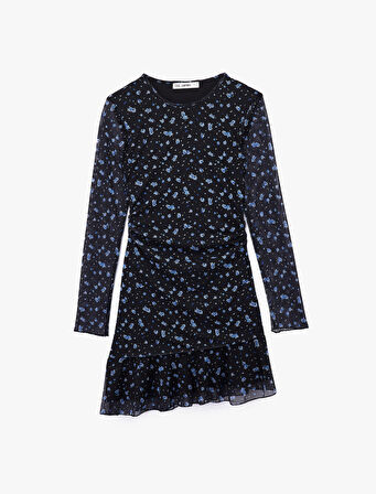 Slim Fit Asimetrik Kesim Uzun Kollu Bisiklet Yaka Çiçekli Elbise