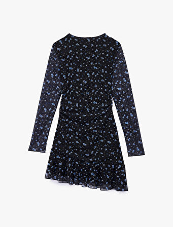 Slim Fit Asimetrik Kesim Uzun Kollu Bisiklet Yaka Çiçekli Elbise