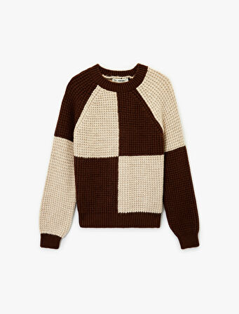 Uzun Kollu Bisiklet Yaka Renk Bloklu Triko Kazak