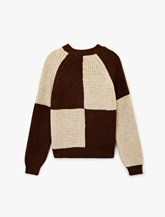 Uzun Kollu Bisiklet Yaka Renk Bloklu Triko Kazak