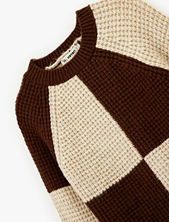 Uzun Kollu Bisiklet Yaka Renk Bloklu Triko Kazak