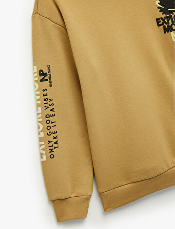 Üç İplik Şardonlu Uzun Kollu Bisiklet Yaka Baskılı Oversize Sweatshirt