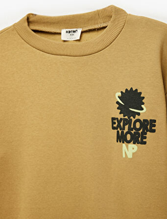 Üç İplik Şardonlu Uzun Kollu Bisiklet Yaka Baskılı Oversize Sweatshirt