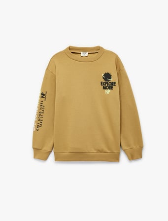 Üç İplik Şardonlu Uzun Kollu Bisiklet Yaka Baskılı Oversize Sweatshirt