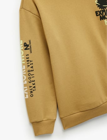 Üç İplik Şardonlu Uzun Kollu Bisiklet Yaka Baskılı Oversize Sweatshirt