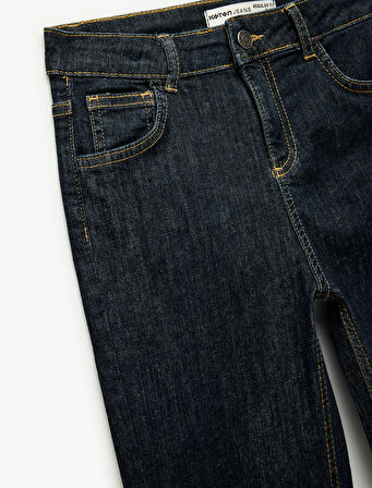 Pamuklu Düğmeli Beli Ayarlanabilir Lastikli Straight Fit Denim Pantolon