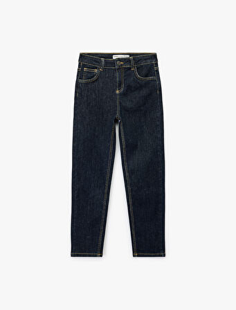 Pamuklu Düğmeli Beli Ayarlanabilir Lastikli Straight Fit Denim Pantolon