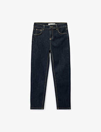 Pamuklu Düğmeli Beli Ayarlanabilir Lastikli Straight Fit Denim Pantolon