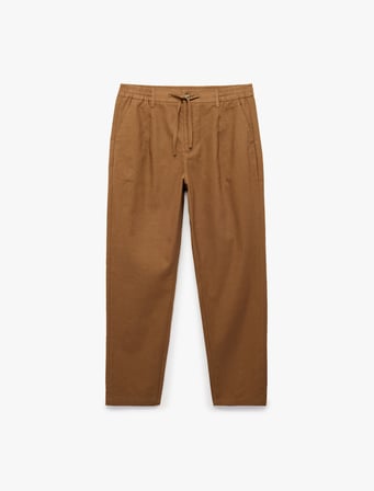 Regular Fit Beli Lastikli Düğmeli Düz Paça Keten Karışımlı Chino Pantolon
