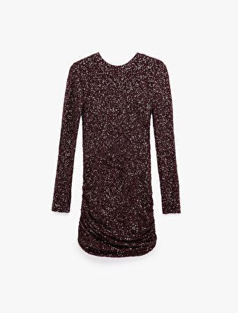 Sırt Pencere Detaylı Uzun Kollu Bisiklet Yaka Drapeli Payetli Mini Abiye Elbise