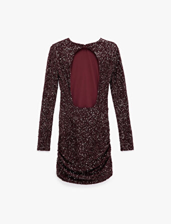 Sırt Pencere Detaylı Uzun Kollu Bisiklet Yaka Drapeli Payetli Mini Abiye Elbise