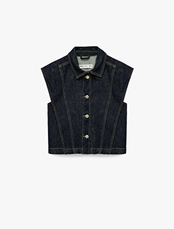 Klasik Yaka Dikiş Detaylı Pamuklu Düğmeli Denim Yelek