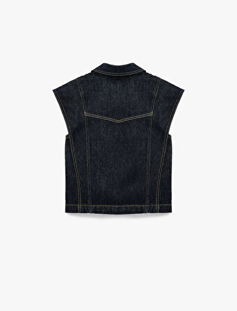 Klasik Yaka Dikiş Detaylı Pamuklu Düğmeli Denim Yelek