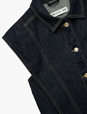 Klasik Yaka Dikiş Detaylı Pamuklu Düğmeli Denim Yelek