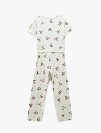 Rahat Kalıp Kısa Kollu Bisiklet Yaka Ayıcık Baskılı Pijama Takımı