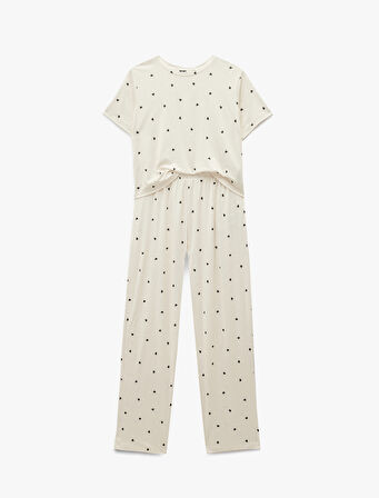 Kısa Kollu Bisiklet Yaka Puantiyeli Pijama Takımı