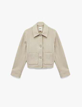 Gömlek Yaka Cepli Uzun Kollu Kaşe Crop Ceket